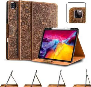 Gexmil Leather Case for iPad Pro 12.9 Inch, 6th/5th/4th/3rd Generation 2022/2021/2020/2018,Genuine Leather Folio Cover Shockproof with Pencil Holder,Magnetic Buckle Auto Sleep/Wake,Flower Pattern