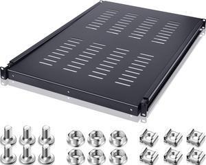 Hortsun 1U Adjustable Rack Mount Shelf Vented Server Rack Drawer 175 lbs 27.5 to 38 Inch Adjustable Mounting Depth Blanking Panel Kit Universal Tray for 19 Inch AV/Network Equipment, Black(1 Piece)