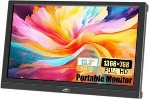 Kenowa Portable Monitor 13.3 Inch HD 1366x768P LED Screen Small HDMI Monitor Built-in Speaker and Adjustable Stand HDMI VGA Port, External Display for Laptop PC Mac Xbox PS4/5