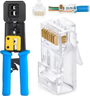 Bundle - 2 Items: RJ45 Crimp Tool + 200 Pack of Cat6/6A Pass Through Connectors for a Thick 23 AWG Large Diameter UTP Cable.