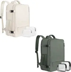 Sinaliy Large Travel Backpack for Women men(Beige & Olive Green), 40L Carry On Backpack, 17 Inch Laptop Waterproof Casual Backpack, College Bookbag, Backpack for Women, as Person Item Flight Approved