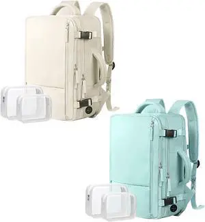 Extra Large Travel Backpack (2 Pieces Beige & Mint Green) as Person Item Flight Approved, 40L Carry On Backpack, 17 Inch Laptop Backpack, Waterproof Backpack, Durable College Bookbag, Hiking Ba