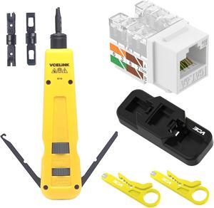 VCE Punch Down Impact Tool with 110 and 66 Blades Bundle with 50-Pack RJ45 Cat6A 90-Degree Keystone Jack Blue with 2-Pack Wire Stripper Cutter and 1-Pack Punch Down Stand