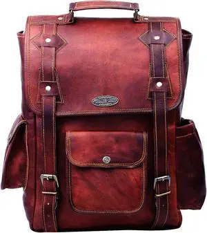 HULSH Handmade 16 Inch Brown Leather Backpack For Men Vintage Easy Open Push Lock Genuine leather backpack for women | Leather laptop backpack for men and women with padded Laptop Compartment