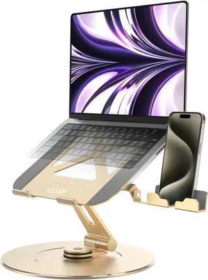 LOXP Ultra-Stable Aluminumy Swivel Laptop Stand for Desk with Rotating Foldable Phone Holder, 300% Large Base Stability, Anti-Loosening,Suitable for 10"-17.3" Laptops, Champagne Golden