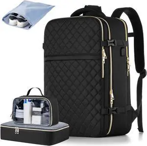 MOMUVO Large Travel Backpack Women, Flight Approved Carry On Backpack with 3 Packing Cubes, Water Resistant Anti-Theft Large School Bag Fit 18.4 Inch Laptop with USB Charging Port, Black