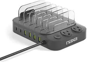 Naxa Electronics NAP-5001 8-in-1 Dock Charging Station with Qi 15W Wireless, AC, USB-A, and USB-C for Phones, Laptops and Electronics, Black