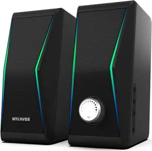 Computer Speakers, Bluetooth 5.0 Hi-Fi Stereo PC Speakers, 4 Dynamic Lighting Modes, AC Adapter Powered and 3.5mm AUX-in Computer Speakers for Desktop PC, Monitor, Laptop, Tablet, Phone