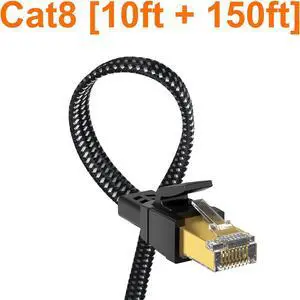 Cat 8 Ethernet Cable(10ft + 150ft), 26AWG Nylon Braided High Speed Heavy Duty Cat8 Network LAN Patch Cord, 40Gbps 2000Mhz SFTP RJ45 Flat Cable Shielded in Wall, Indoor&Outdoor for Modem/Router/Gaming