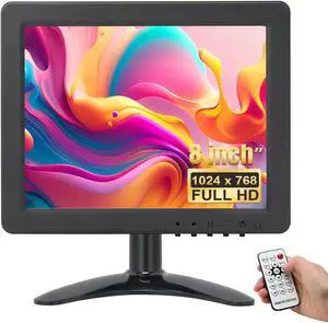 OSCY 8 Inch Small Monitor, 1024x768 4:3 HDMI Monitor Support HDMI/VGA/AV/BNC Input with Remote Control & Built-in Speakers, Mini Color Screen Display for Computer TV Raspi CCTV Camera Car