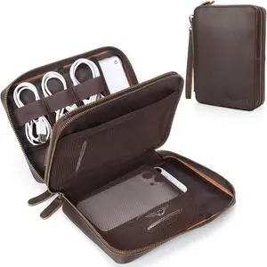 Polare Full Grain Leather Travel Cable Organizer Case Double Layer Electronics Accessories Carry Bag with YKK Zippers Tech Storage Bag for Cables, Power Bank, USB, SD Card