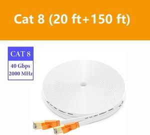 Cat 8 Ethernet Cable (20 ft + 150 ft), High Speed Flat Internet Network LAN Cable,Faster Than Cat7/Cat6/Cat5 Network,Long Durable Patch Cord with Gold Plated RJ45 Connector for Xbox,PS5,Router,Gaming