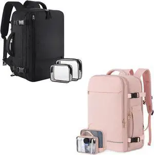 Sinaliy Large Travel Backpack for Women Men(Black & Pink), 40L Carry On Backpack, 17 Inch Laptop Waterproof Casual Backpack, College Bookbag, Backpack for Women, as Person Item Flight Approved