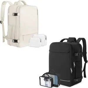 Sinaliy Large Travel Backpack for Women Men(Beige & Black), 40L Carry On Backpack, 17 Inch Laptop Waterproof Casual Backpack, College Bookbag, Backpack for Women, as Person Item Flight Approved