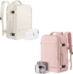 Sinaliy Large Travel Backpack for Women (Beige & Pink), 40L Carry On Backpack, 17 Inch Laptop Waterproof Casual Backpack, College Bookbag, Backpack for Women, as Person Item Flight Approved