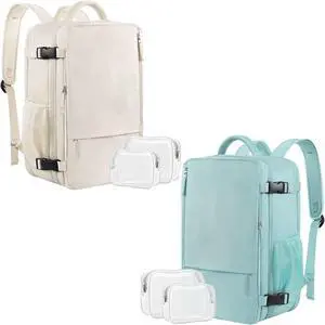 Sinaliy Large Travel Backpack (Beige+Green), 40L Carry On Backpack, 17 Inch Laptop Backpack, Waterproof Backpack, College Bookbag, Laptop Backpack, Backpack for Women, as Person Item Flight Approved