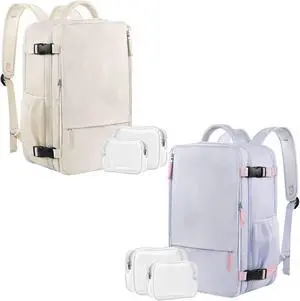 Sinaliy Large Travel Backpack (Beige+Purple), 40L Carry On Backpack, 17 Inch Laptop Backpack, Waterproof Backpack, College Bookbag, Laptop Backpack, Backpack for Women, as Person Item Flight Approved