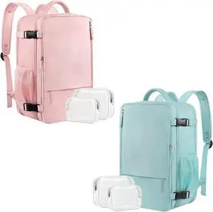 Sinaliy Large Travel Backpacks (Pink+Green), 40L Carry On Backpack, 17 Inch Laptop Backpack, Waterproof Backpack, College Bookbag, Laptop Backpack, Backpack for Women, as Person Item Flight Approved