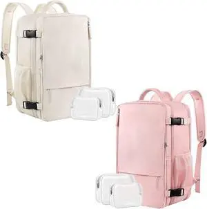 Sinaliy Large Travel Backpack (Beige+Pink), 40L Carry On Backpack, 17 Inch Laptop Backpack, Waterproof Backpack, College Bookbag, Laptop Backpack, Backpack for Women, as Person Item Flight Approved
