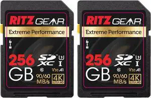 RITZ GEAR Extreme Performance High Speed UHS-I SDXC 256GB 90/60 MB/S U3 A1 C10 V30 Memory Card (2 Units) Designed for SD Devices That can Capture Full HD,3D,and4K Video as Well as raw Photography