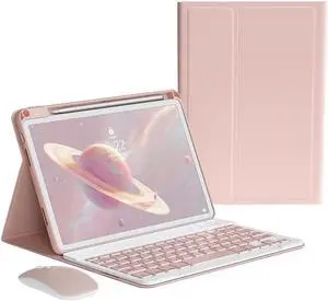 kaitesi iPad 9th 8th 7th Generation Air 3 Pro 10.5 Keyboard Case Mouse, Magnetically Detachable Wireless Color Keyboard Slim Lightweight Smart Case with Pencil Holder (Pink)