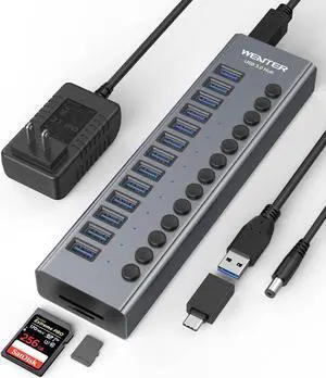 Powered USB 3.0 Hub, Wenter 13 Ports Powered USB Hub with SD/TF Card Reader, Aluminum USB Splitter with Individual On/Off Switches, 12V/3A 36W Power Adapter for PC/Laptops