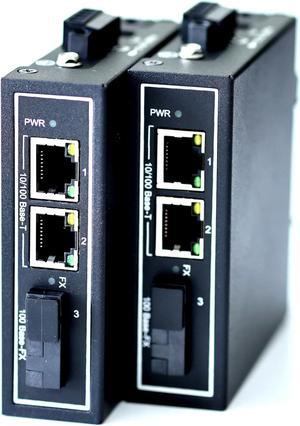 WIWAV WDH-2ET1FX-DC 10/100Mbps 3-Port Industrial Ethernet Media Converter with DIN Rail/Multi-Mount(UL Listed,Pack of 2,Fanless,-30~75)