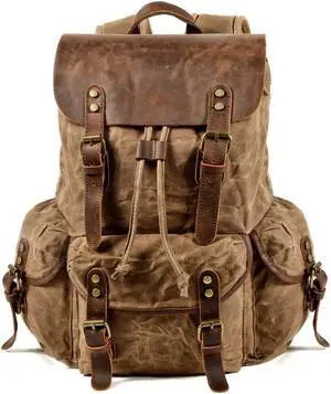 WUDON Leather Backpack for Men, Waxed Canvas Shoulder Rucksack Carry-On Travel Backpack (Khaki)