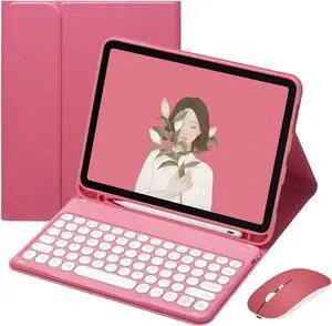 PboyiqiS Keyboard Case for iPad 9th/ 8th/ 7th Generation,iPad 10.2'' Keyboard with Mouse Cute Round Key Detachable Case with Pencil Holder (New Pink)