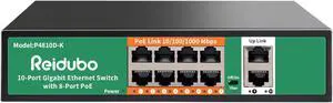 Reidubo 8 Port Gigabit PoE Switch with 2 Gigabit Uplink,1000Mbps PoE Ethernet Unmanaged Network Switch,120W, Plug & Play, VLAN, Suitable for Access Point-AP and PoE Surveillance Camera