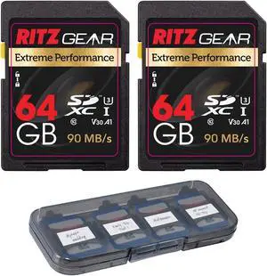 RITZ GEAR Extreme Performance High Speed UHS-I SDXC 64GB 90/45 MB/S U3 A1 C10 V30 MemoryCard(2 Units) Designed for SDDevices That can Capture Full HD,3D,and4K Video as Well as raw Photography+SD Case