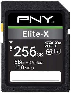 PNY 256GB Elite-X Class 10 U3 V30 SDXC Flash Memory Card - 100MB/s, Class 10, U3, V30, 4K UHD, Full HD, UHS-I, Full Size SD (Pack of 1)