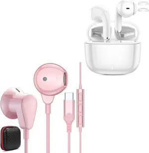 ACAGET Wired Type C Headphones + Wireless Bluetooth 5.3 Earbuds for iPhone 15 Pro Max Samsung Galaxy S24 S23 S22, Noise Cancelling USB C Earbuds, HiFi Bass Stereo Earphone with Microphone for Girls