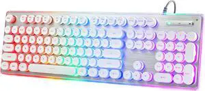 ANSWK Typewriter Style Keyboard with Metal Panel, Rainbow LED Backlit, Round Keys, Anti-ghosting, Spill Resistant, Light Up USB Wired Retro 104 Keys for Office/Gaming, White/Silver