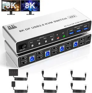 8K@60Hz USB3.0 Displayport KVM Switch 2 Monitors 4 Computers, 4 Port DP1.4 Dual Monitor Displayport KVM Switch with Audio, Microphone and 3 USB3.0, Dual Monitors Displayport KVM Switch for 4PCs