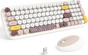 KNOWSQT Wireless Keyboard and Mouse Combo, Light Beige 100 Keys 2.4 GHz Round Keycap Typewriter Keyboards, USB Receiver Plug and Play, for Windows, PC, Laptop, Computer, Desktop
