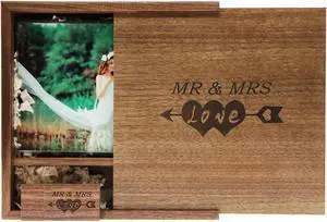 LXSINO 64GB Wood USB 3.0 Flash Drive with Laser Engraved Mr & Mrs Design - 64GB Wood USB Memory Stick with Photography Wood Box (170x170x35mm) for Bride, Groom (Walnut)