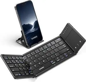 Samsers Foldable Bluetooth Keyboard with Touchpad, Full-Size Wireless Folding Keyboards with PU Leather, Support 3 Devices (BT5.1 x 3), Portable Travel Keyboard for iOS Android Windows Mac OS, Black