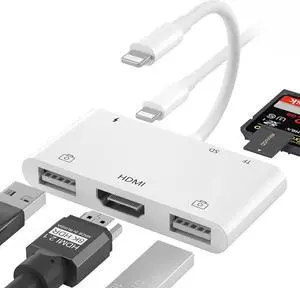 Lightning to HDMI Adapter for iPhone, 6 in 1 TF & SD Card Reader with Charging Port, HDMI Adapter to TV /Monitor/Projector/USB Drive/MIDI /Keyboard/Mouse Suitable for Meeting Speech and Teaching