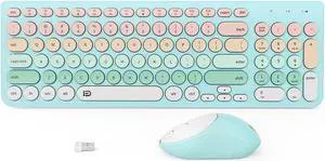 Wireless Keyboards Mouse Combos, Colorful Cute Typewriter Full-Size Retro Round Keyboard, 2.4GHz Sleep Mode Office Quiet Wireless Creamy Keyboard and Mouse Set for Desktop Laptop PC Computer-Blue