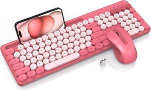 Wireless Keyboard and Mouse Combo, Retro Round Keycaps, Cute Full-Size Typewriter Keyboard with Phone Holder, Sleep Mode, Click Soft, 2.4GHz Cordless Connection for Windows/PC/Laptop (Pink-Colorful)