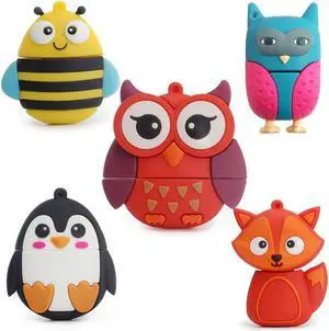 Flash Drive 5x16GB Thumb Drive Animals USB Flash Drive with Chain Bee Fox Owls Penguin Pen Drive Gift for School Kids and Students Valentine's Day Gift (Pack of 5 Animals)
