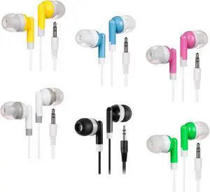 Deal Maniac 50 Pack Multi Color Kid's Wired Earbud Headphones, Disposable Earbuds, Individually Bagged, Perfect for Students in Classroom Libraries Schools, Bulk Wholesale