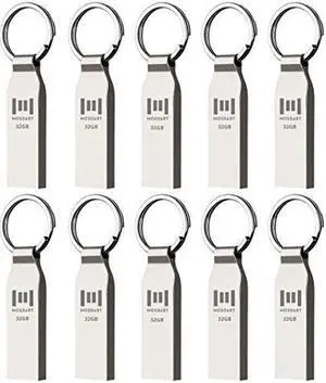 MOSDART Waterproof 32GB USB2.0 Flash Drive, FAT32 Metal Memory Stick with Keychain, for System Back, Data Storage, Silver(Pack of 10)