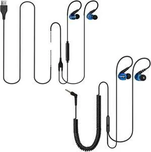 MOXKING Joymiso 3.5mm 12Ft Long Cord Earbuds and 6.5Ft USB Earbuds Bundle, Built with Microphone and Volume Control, Wrap Around Ear Stay Put Design, Lightweight Comfortable for Longtime Wearing