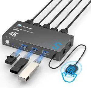 USB 3.0 HDMI KVM Switch 1 Monitors 2 Computers, 4K@60Hz KVM Switches for 2 Computers Sharing Monitor Keyboard Mouse Hard Drives Printer, with EDID Adaptive, 2USB Cable and Controller