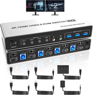 USB 3.0 Displayport+HDMI KVM Switch 2 Monitors 4 Computers, 4K@60Hz KVM Switch Dual Monitor 4 PC with 3 USB 3.0 Ports and Audio Microphone, 4 Port HDMI+DP Monitor Switch for 4 PC 2 Monitors