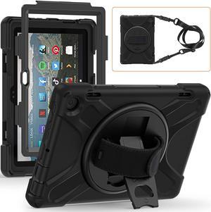 Rugged Case for -Kindle-Fire-HD-8 & 8 Plus Tablet (12th Generation, 2022) 8" w/ 360deg Rotating Hands-Free Kickstand, Full Body Armor Heavy Duty Shock-Proof Cover w/Hand/Shoulder Strap(Black)