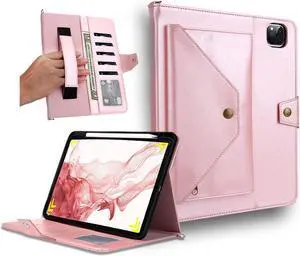 iPad Pro 12.9 inch 2022/2021/2020/2018 PU Leather Case with Apple Pencil Holder Auto Wake/Sleep Shoulder Strap for iPad Pro 12.9 6th/5th/4th/3rd Generation (Pink)