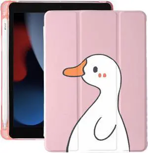 Cute Kawaii Duck for iPad 7th/8th/9th Generation Case with Pencil Holder, Auto Sleep/Wake, Pink Leather with Clear Soft TPU Back Cover for iPad 10.2 Inch 2019/2020/2021